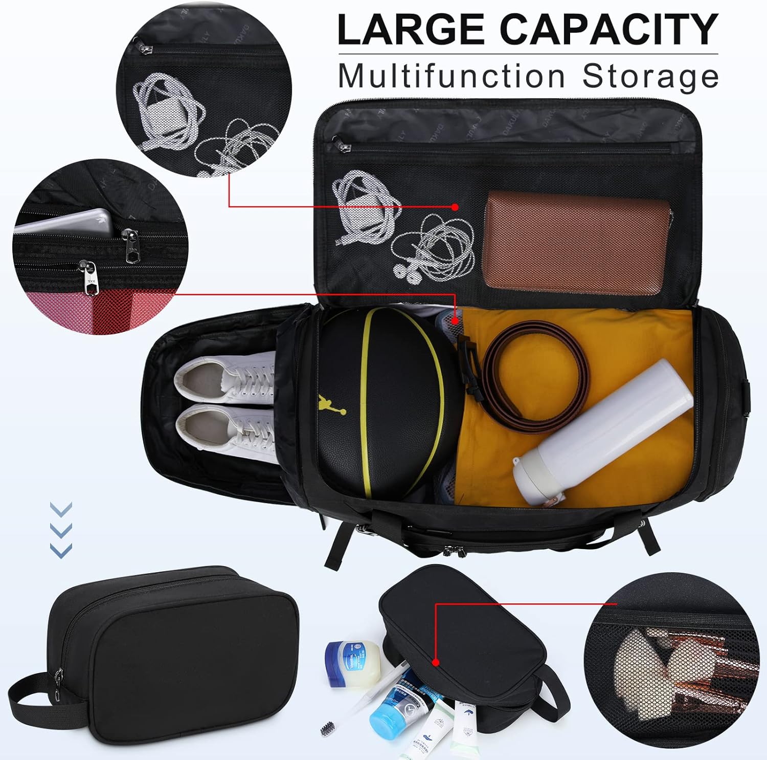 Gym Duffle Bag for Women Men 40L Waterproof Sports Travel Duffel Bags with Shoe Compartment,Wet Pocket Large Weekender Overnight with Toiletry Bag,Black - Image 3