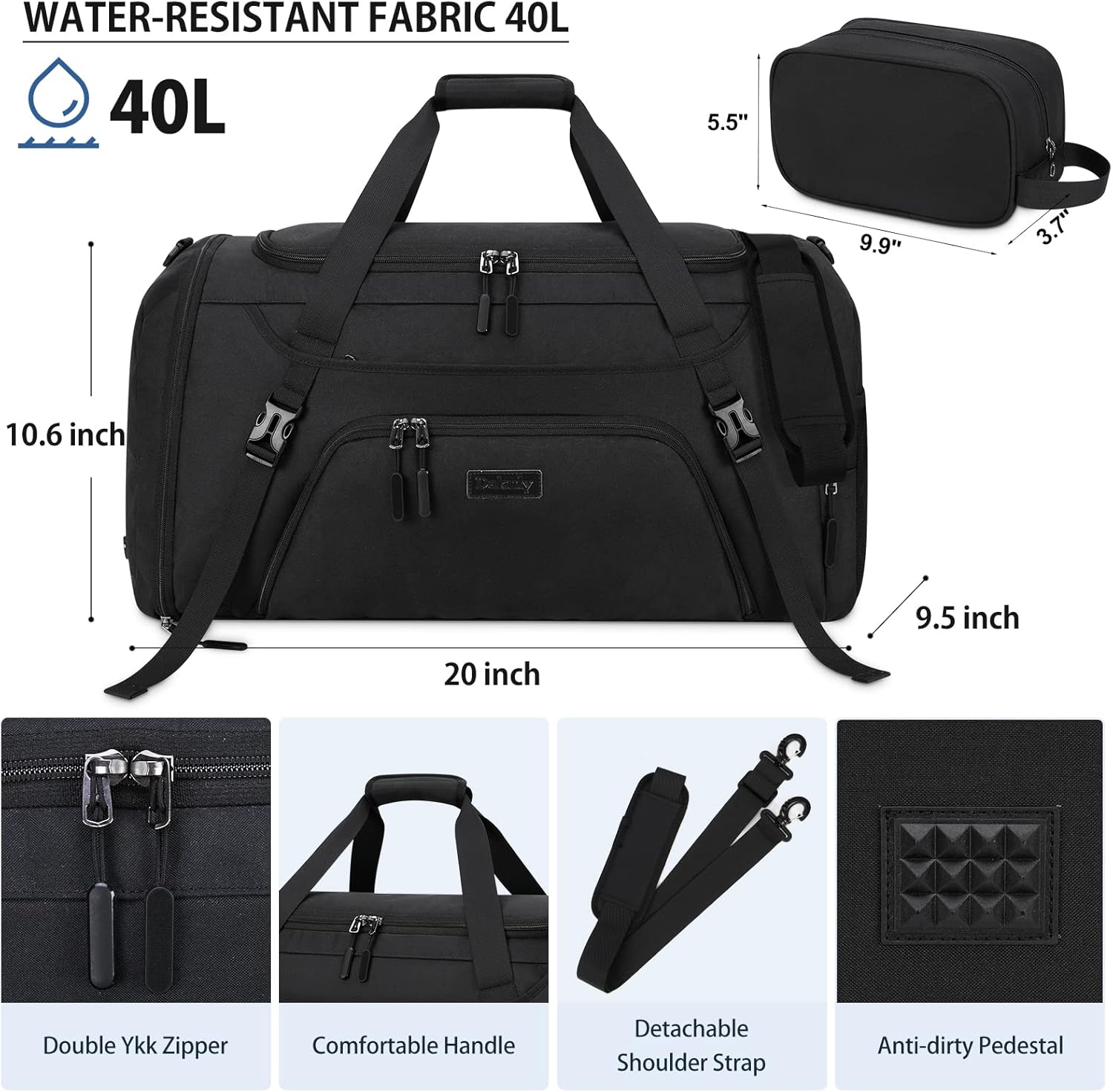 Gym Duffle Bag for Women Men 40L Waterproof Sports Travel Duffel Bags with Shoe Compartment,Wet Pocket Large Weekender Overnight with Toiletry Bag,Black - Image 4